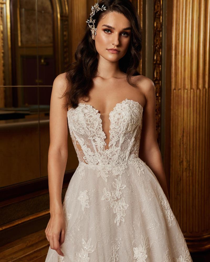 122103 simple strapless wedding dress with pockets and classic floral lace1